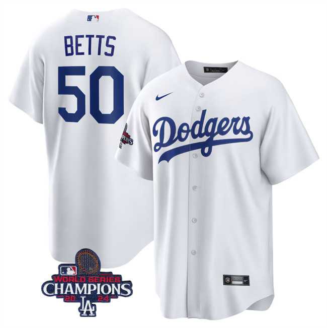 Mens Los Angeles Dodgers #50 Mookie Betts White 2024 World Series Champions Cool Base Stitched Baseball Jersey